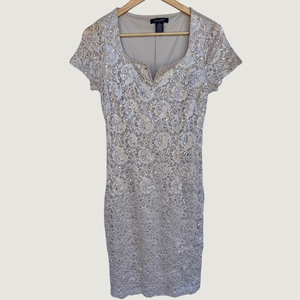 Candalite Women Champagne Beige Lace Sequin Sheath Dress Size S